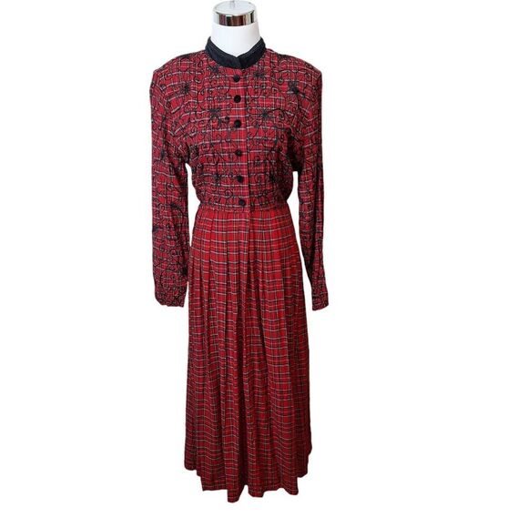 Country Wear Size 10 Modest Tartan Plaid Embroidered Velvet Long Prairie Dress - Picture 1 of 13